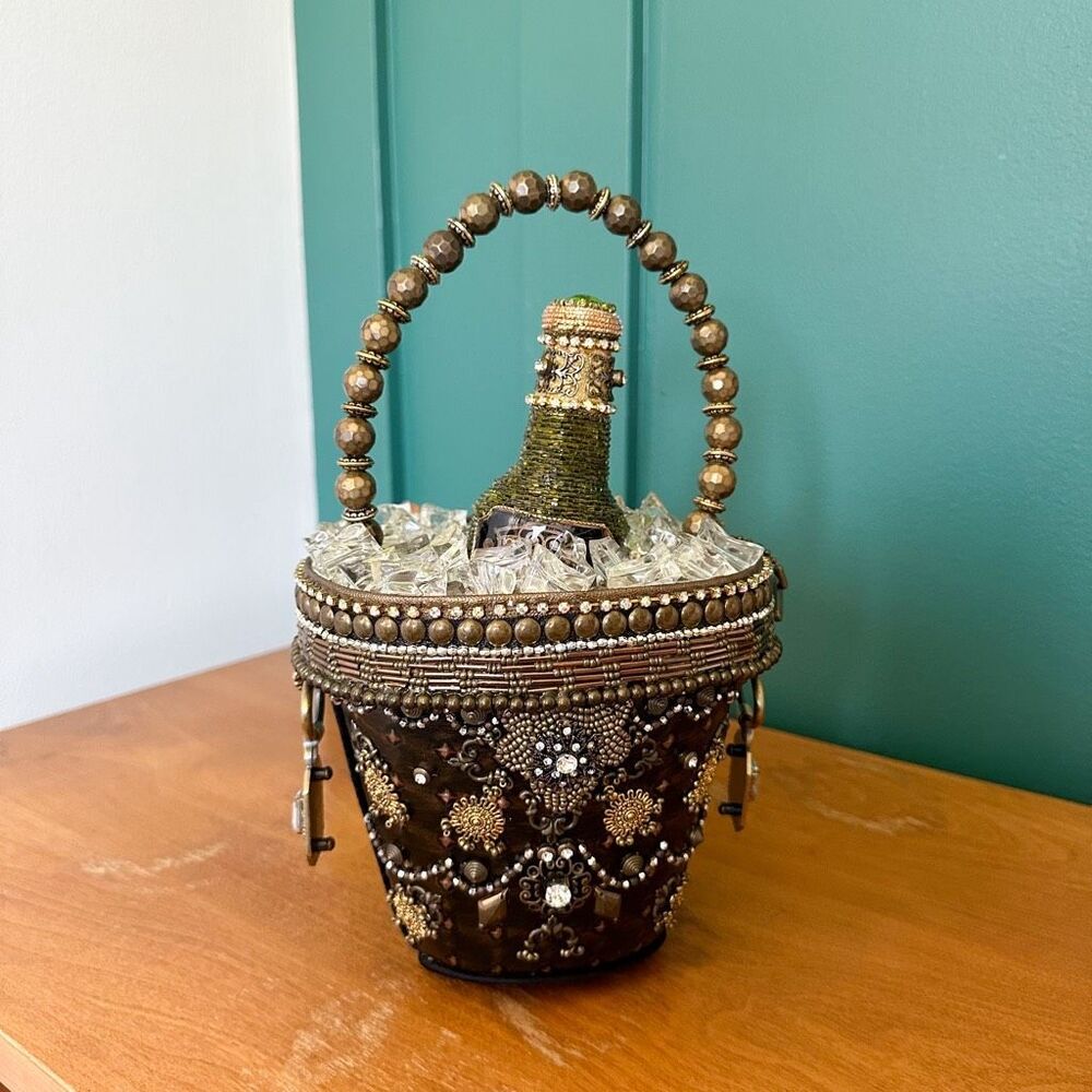 Mary Frances Brown Beaded CHAMPAGNE Bucket Bag with Gold Accents 🍾 🥂 - Picture 12 of 16
